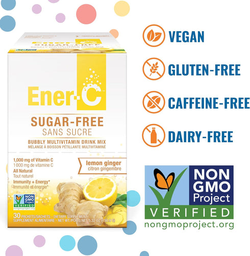 Ener-C Sugar Free Energy Lemon Ginger Multivitamin Drink Mix Vitamin C 1000mg & Electrolytes - Natural Immunity Support with Real Fruit Juice Powders - Non-GMO Vegan & Gluten Free - 30 Count
