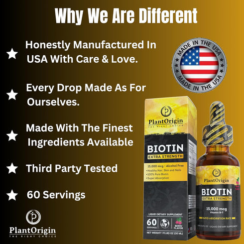 Extra Strength Biotin Liquid Drops, 15,000 MCG, Hair Growth Supplement for Men & Women, Vegan & Kosher - 60 Servings
