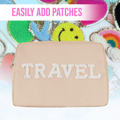 Large Beige Makeup Bag, Nylon Cosmetic Pouch, Travel Makeup Organizer Bag, Makeup Case, Cosmetic Travel Bag