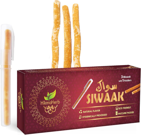 Pack of 3 Miswak Sticks with Holder, Natural Chewing Sticks for Teeth Whitening and Oral Health