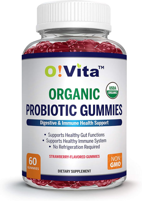 Organic Probiotic Gummies, 60 Non-GMO Gummies, 5 Billion CFU, Max Strength, Strawberry Flavored, Gut Health and Immune