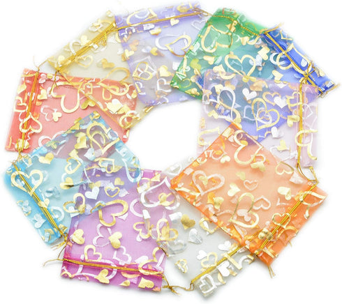 YYaaloa 100PCS Mini Sheer Heart Mixed Organza Bags, 7X9 cm/2.7X3.5 inches Drawstring Gift Bags (Mixed)