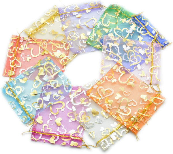 YYaaloa 100PCS Mini Sheer Heart Mixed Organza Bags, 7X9 cm/2.7X3.5 inches Drawstring Gift Bags (Mixed)