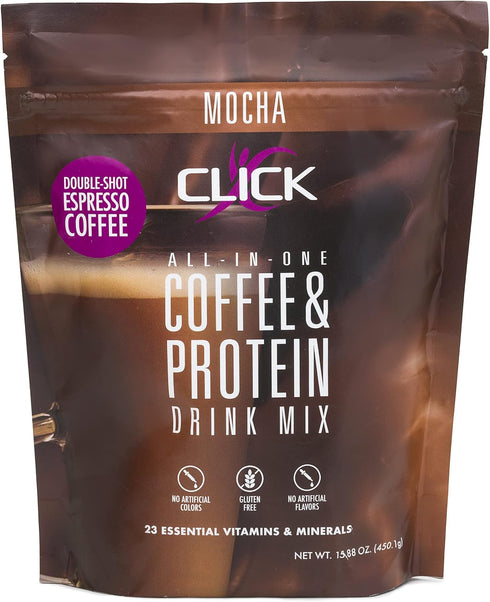 Click Coffee Protein Drink, Mocha Flavor, All-in-One Meal Replacement, 23 Essential Vitamins, Double Shot Espresso,