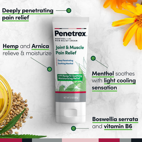 Penetrex Soothing Joint & Muscle Pain Relief Cream with Hemp, Non-Greasy, 2oz Squeezable Tube