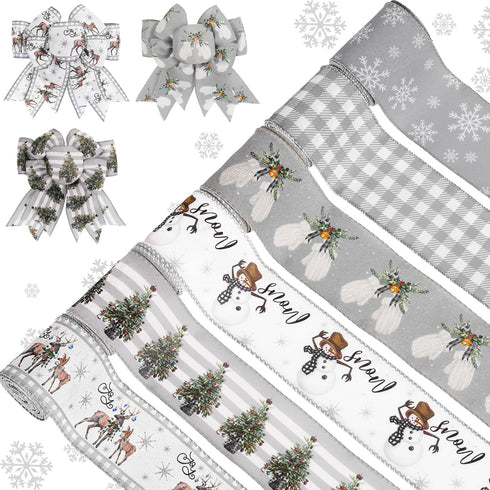 AnyDesign 6 Roll Christmas Wired Ribbon, Farmhouse Rustic Craft Ribbon for Xmas Crafts and Gift Wrapping