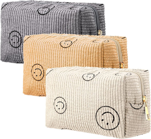 3 Pcs Corduroy Cosmetic Bag, Smile Face Aesthetic Preppy Makeup Organizer for Women, Travel Pouch (White, Gray, Yellow)