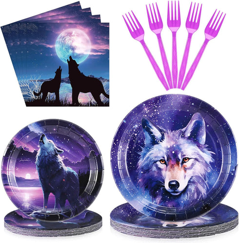122 Pcs Wolf Party Supplies, Wolf Birthday Party Plates, Napkins, Forks, Disposable Dinnerware for Themed Events