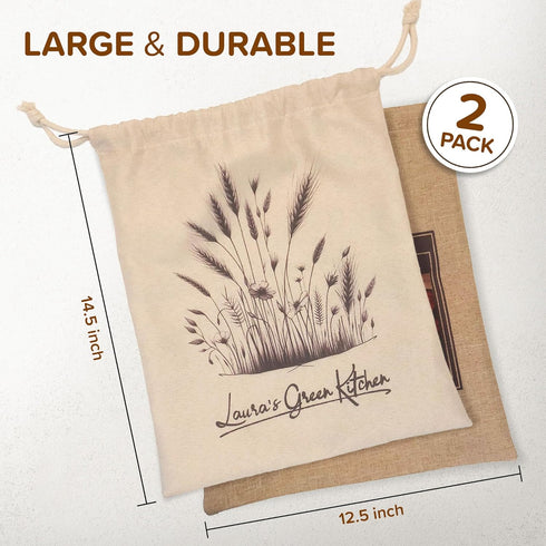 Laura's Green Kitchen Linen Bread Bag - 2 Packs Large Sourdough Bread Bags for Homemade Bread Storage, Beige