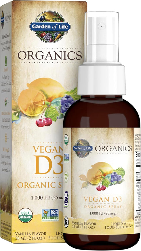 Garden of Life Organics Vegan Vitamin D3, Liquid 1000 IU Per Spray, Vanilla Flavor, 125 Servings