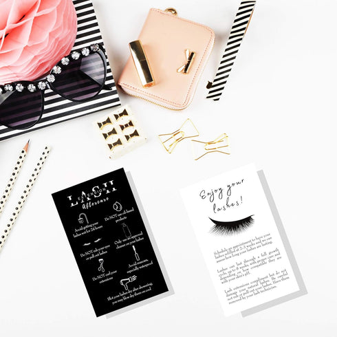Lash Extension Aftercare Instructions Cards, 50 Pack, Double Sided Size 3.5 x 2" After Care for 2-3 Week Fillers.