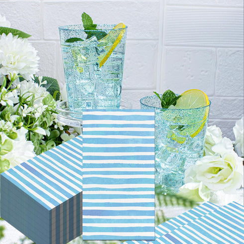 KTHONIOMANTE 200PCS 2 Pack, 4.5x8 Inch Blue & White Stripe Guest Napkins, Ply Disposable Paper Striped Dinner Hand
