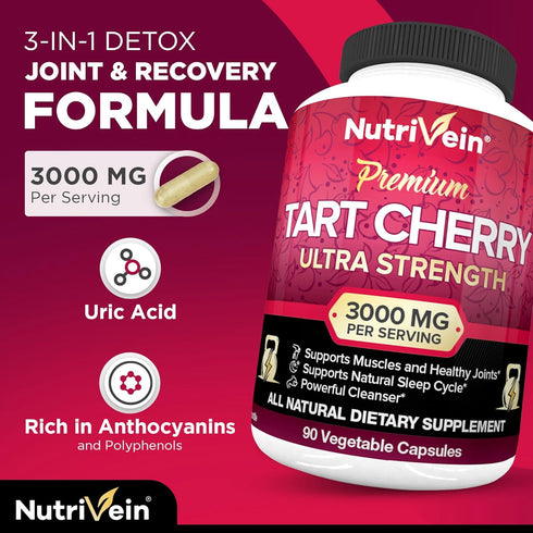 Nutrivein Tart Cherry Capsules 3000mg - 90 Vegan Pills for Pain Relief, Muscle Recovery, Uric Acid Cleanse