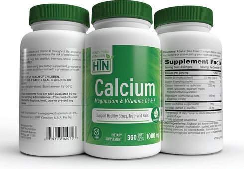 Health Thru Nutrition Calcium 1000mg and Magnesium 400mg with Vitamin D3 & K, 360 Softgels (4 Month Supply)