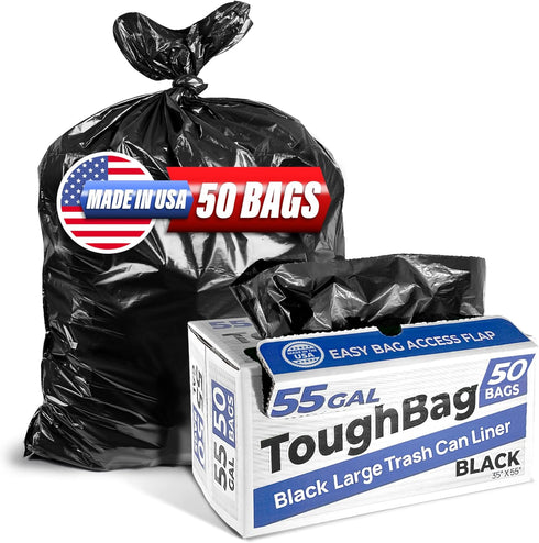 Heavy Duty 55 Gallon Trash Bags, 50 Count, Large Black Garbage Bags for Contractors, 35 x 55", Made in USA