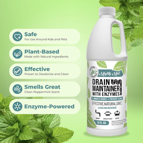 Mighty Mint Drain Maintainer 32oz – Enzymatic Cleaner for Drains, Grease Traps, Septic Systems, Natural Mint Scent
