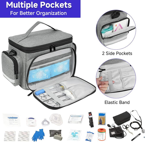 LEFORZ Student,Therapist,Doctors,Grey(11.75 7.6 8 inch) Small Medical Bag,First Aid Bag Empty,Home Health Nurse Bag