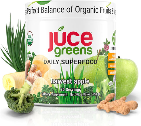 JUCE Organic Green Superfood Powder, 77 Superfoods Plus Prebiotic Probiotic Blend, Harvest Apple Flavor - 20 Servings