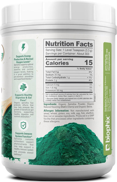 biophix Organic Spirulina Powder 2.2 lb Black Cherry Flavor - Nutrient-Dense Superfood, Protein-Rich & Powerful