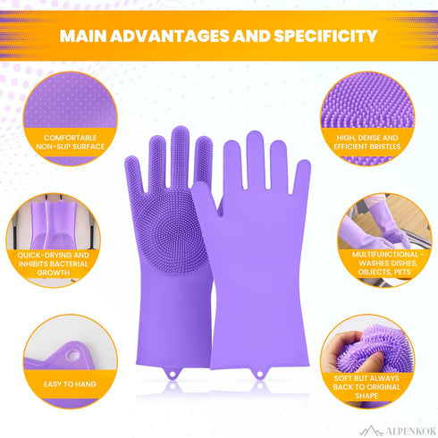 Silicone Dishwashing Gloves, Reusable Rubber Gloves for Cleaning, Kitchen Scrubber, 1 Pair, Purple
