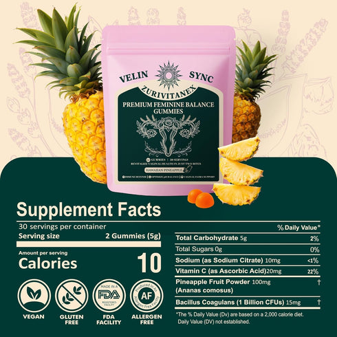 ZuriVitaNex Gummies 60 Gummies (30 Womens Daily Probiotic Feminine Balance & pH Support Vegan, Gluten-Free Pineapple