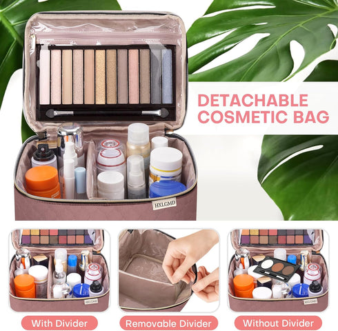 Large Makeup Bag with Mirror, Double Layer Travel Organizer Case, High Capacity Cosmetic Bag with Brush Slot Divider