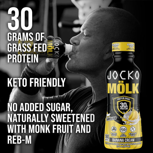 Jocko Moelk Protein Shakes – Naturally Flavored Protein Drinks, KETO Friendly, No Added Sugar, 30g Grass Fed Protein - Ready to Drink, 12 FL Oz, 12pk, Liquid (Banana Cream)