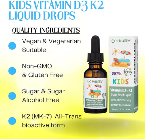 Go Healthy Kids Vitamins D3 K2 (MK-7), Liquid Vegan Drops for Children's Growth & Immune Support, 30 Servings