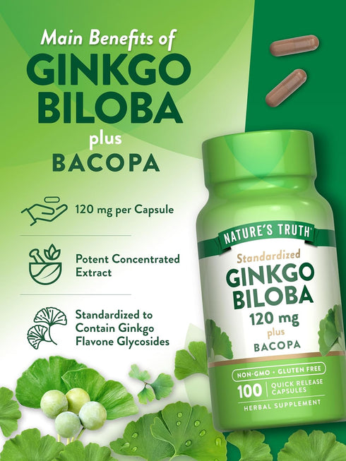 Ginkgo Biloba 120mg Plus Bacopa - 100 Quick Release Capsules, Standardized Extract, Non-GMO & Gluten Free Supplement