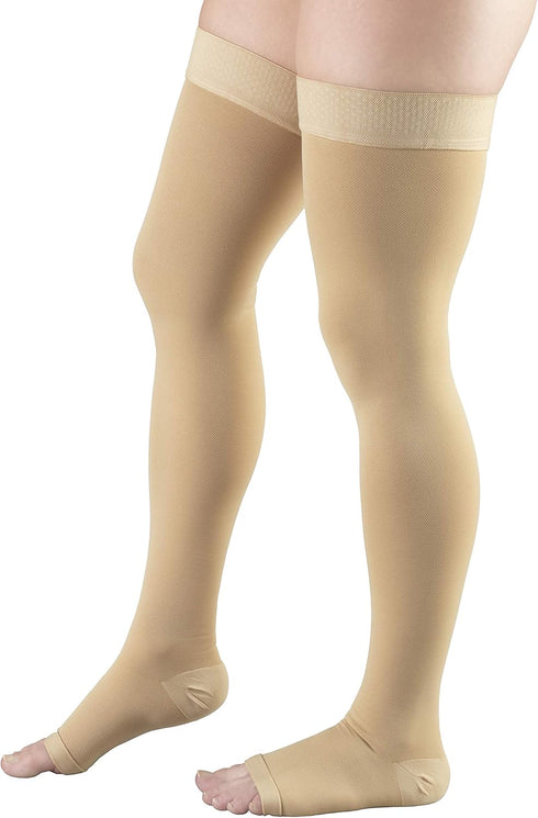Truform Compression Stockings for Men and Women, 30-40 mmHg, Thigh High, Dot-Top, Open Toe, Beige, Medium