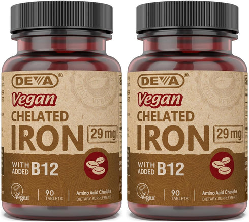 Deva Nutrition Vegan Chelated Iron 29 mg with B-12, 90 Tablets, High Potency