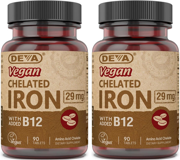 Deva Nutrition Vegan Chelated Iron 29 mg with B-12, 90 Tablets, High Potency
