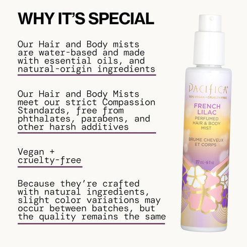 Pacifica French Lilac Perfumed Hair & Body Mist - Alcohol-Free Spray for Head-To-Toe Wear, Vegan & Cruelty-Free, 6 Fl Oz