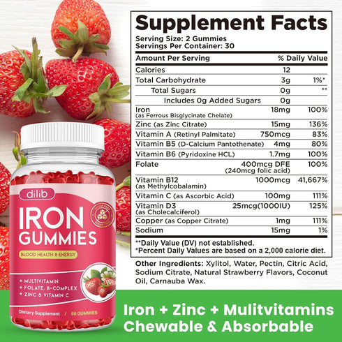 Gummies B12, 60 Gummies Iron with Multivitamin, Iron Supplement for Women & Men with Zinc, Vitamin B Complex & C