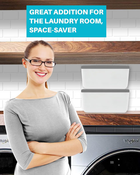 Skywin Laundry Pod Container Holder - Push-Open White with Grey Lid - Holds 11 Pounds, Fits 2 Bottles of Detergent