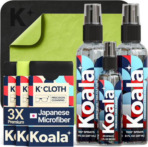 Koala Eyeglass Lens Cleaner Spray Kit, (2x) 8oz + (1x) 2oz Glasses Cleaner Bottle + (3x) Microfiber Cloth, 6 Piece Set