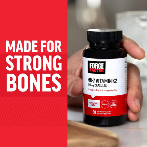 FORCE FACTOR MK-7 Vitamin K2 100mcg, Bone Support Supplements for Women and Men, 60 Vegetable Capsules