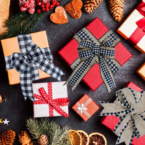 2 Rolls Buffalo Plaid Ribbons, 8 Yards Each, 2" Wide Wired Edge Gingham Fabric for Gift DIY Bows