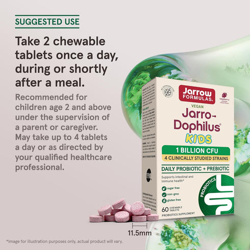 Jarrow Formulas Jarro-Dophilus Kids Probiotics, 60 Sugar-Free Raspberry-Flavored Chewable Tablets, 1 Billion CFU