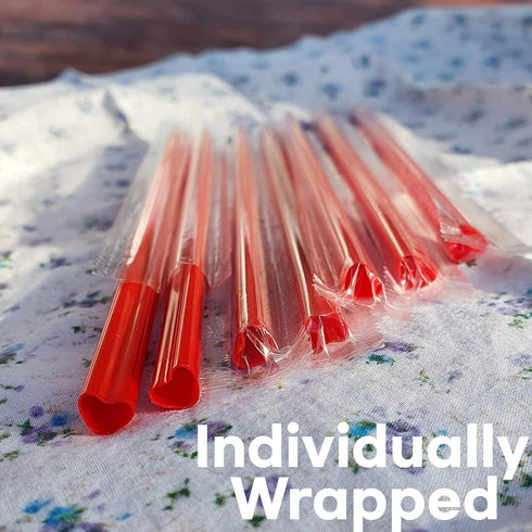 200pcs Heart Shaped Red Straws, Cute Disposable Drinking Straws Individually Wrapped for Valentines Day Party Supplies