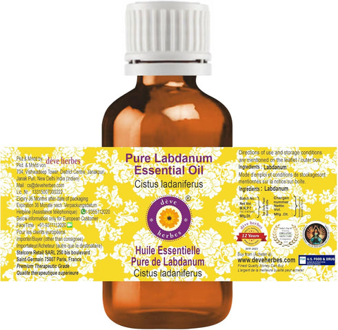 Deve Herbes Pure Labdanum Essential Oil (Cistus ladaniferus) Steam Distilled 10ml (0.33 oz)