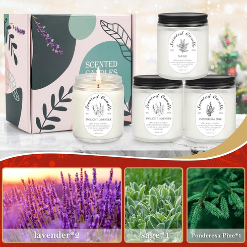 Set, 4 Pack Scented Candle Gift Soy Wax Scented Candles for Home Lavender, Sage & Ponderosa Pine Aromatherapy Candles