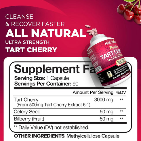 Nutrivein Tart Cherry Capsules 3000mg - 90 Vegan Pills - for Pain Relief,Pain,Muscle Recovery, Flavonoids - Uric Acid Cleanse, Juice Extract Supplement