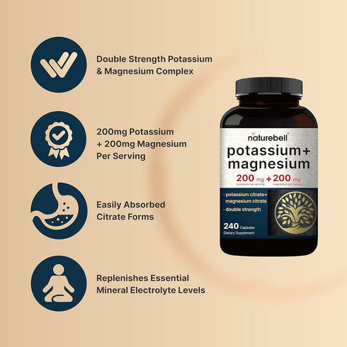 Naturebell Potassium Magnesium Electrolyte Powder Capsules | 200mg Potassium + 200mg Magnesium Citrate for Muscle,