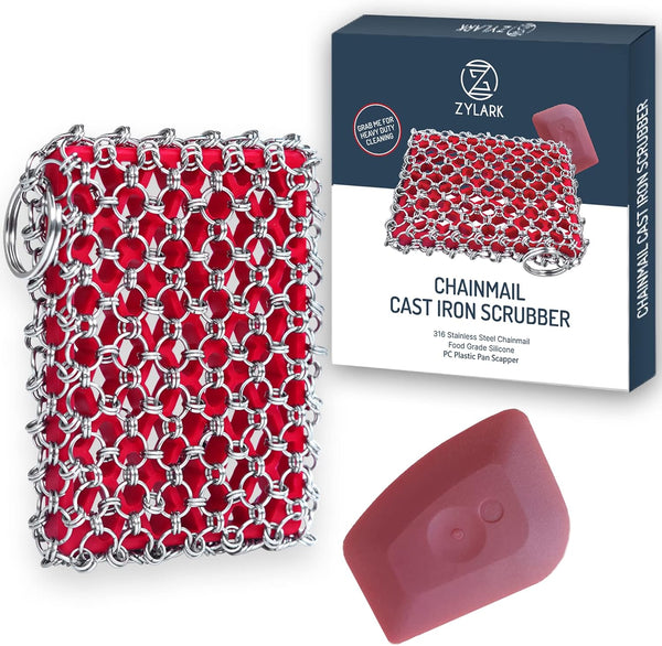 Cast Iron Scrubber Kit + Pan Scraper, 316 Chain Mail Scrubber for Cast Iron Cleaner, Chain Scrubber for Pans