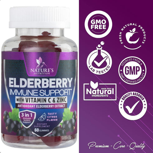 Immune Support Gummies with Elderberry Extract, Zinc & Vitamin C, 60 Gummies, Natural Vegan
