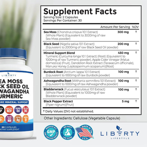 Sea Moss 3000mg Black Seed Oil 2000mg Ashwagandha1000mg Burdock 1000mg Root Mineral Support (120)