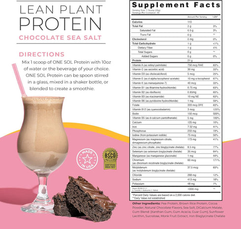 One Sol Lean Plant Protein Powder, Chocolate Sea Salt, Low Carb, Gluten Free, Non-GMO, Vegan Friendly