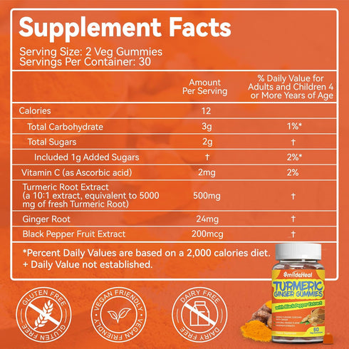 Turmeric Curcumin Gummies 500mg, with Turmeric Root Extract, Ginger Root, Black Pepper Extract, Antioxidant Support, Orange Flavor Gummies, 60 Count (Pack of 2)