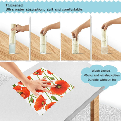 Kcldeci Poppy 6 Pieces Absorbent Kitchen Dish Cloths, Floral Washable Cleaning Towels for Home Kitchen Supplies
